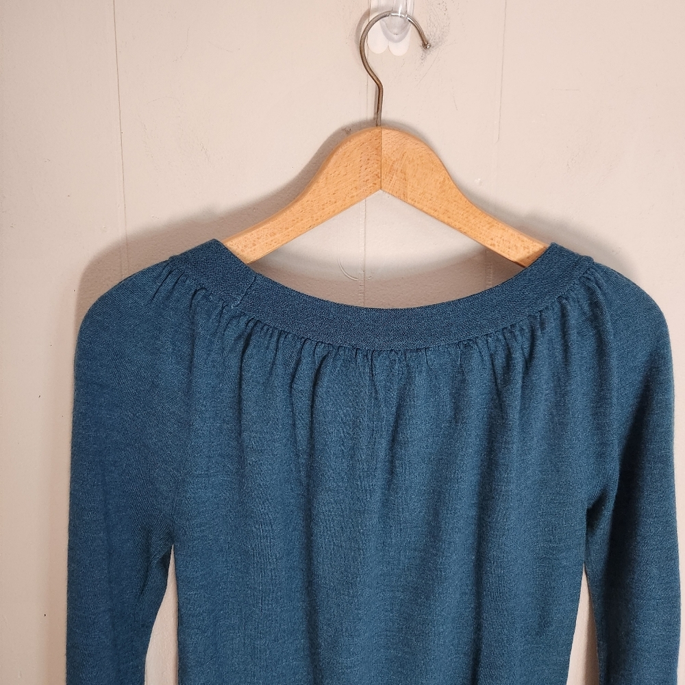 The Limited gathered scoop neck sweater teal green merino wool blend M - Picture 5 of 11